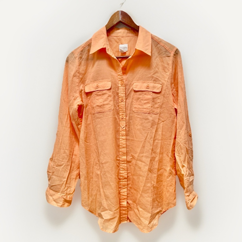 Chicos Womens Button Down Coastal Blouse‎ Orange S Cotton Cottage Pastel